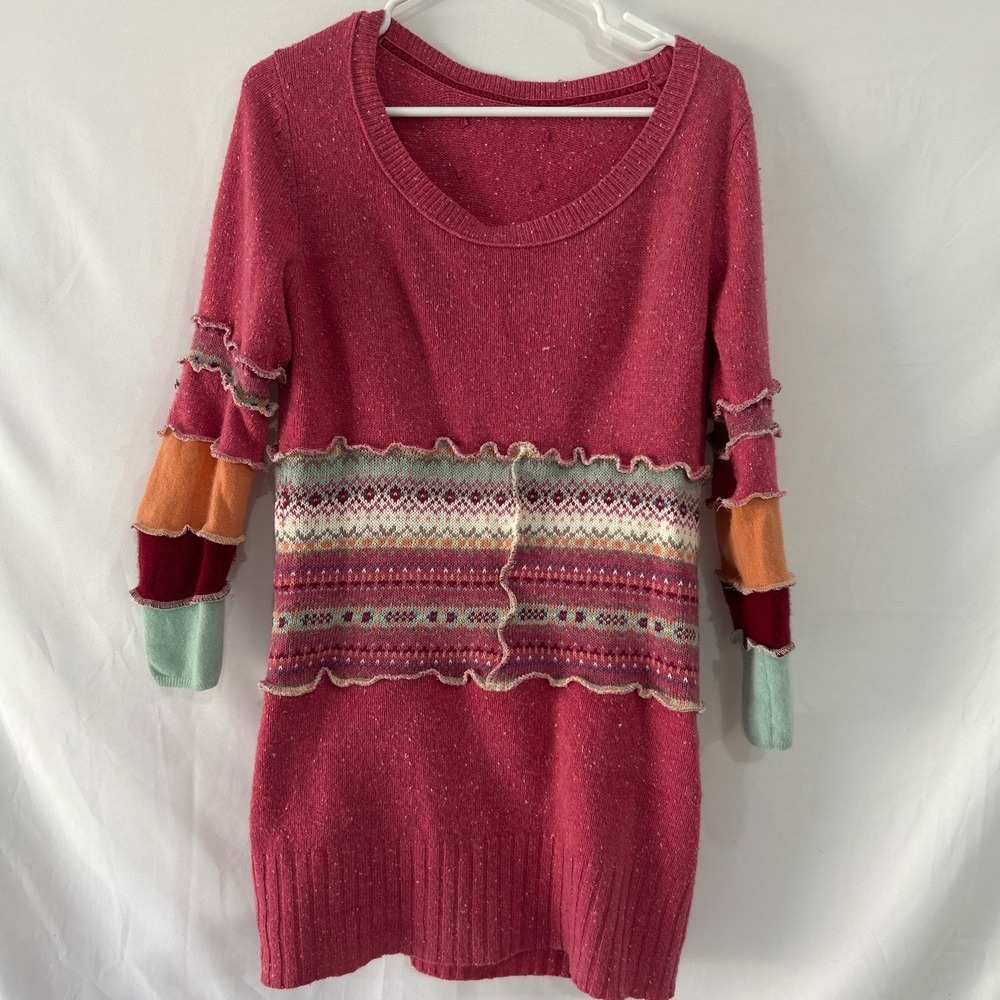 Pink Lambswool Blend Fair Isle Ruffle Trim Knit Sweater Dress Tunic Multi-Color